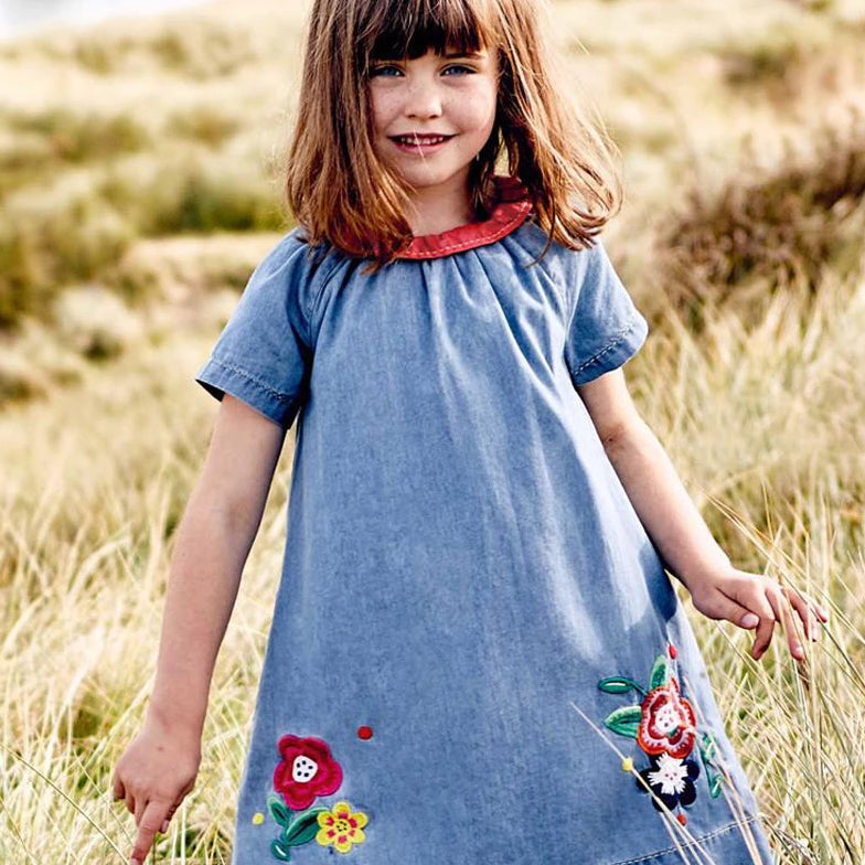 Ready Stock : Flower Embroidery Jeans Dress