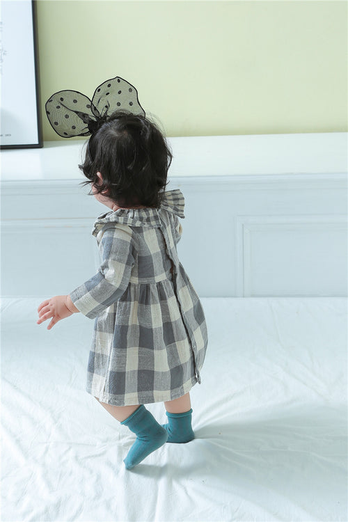 Ready Stock : Grey Checkers Princess Long Sleeve Dress (Linen)